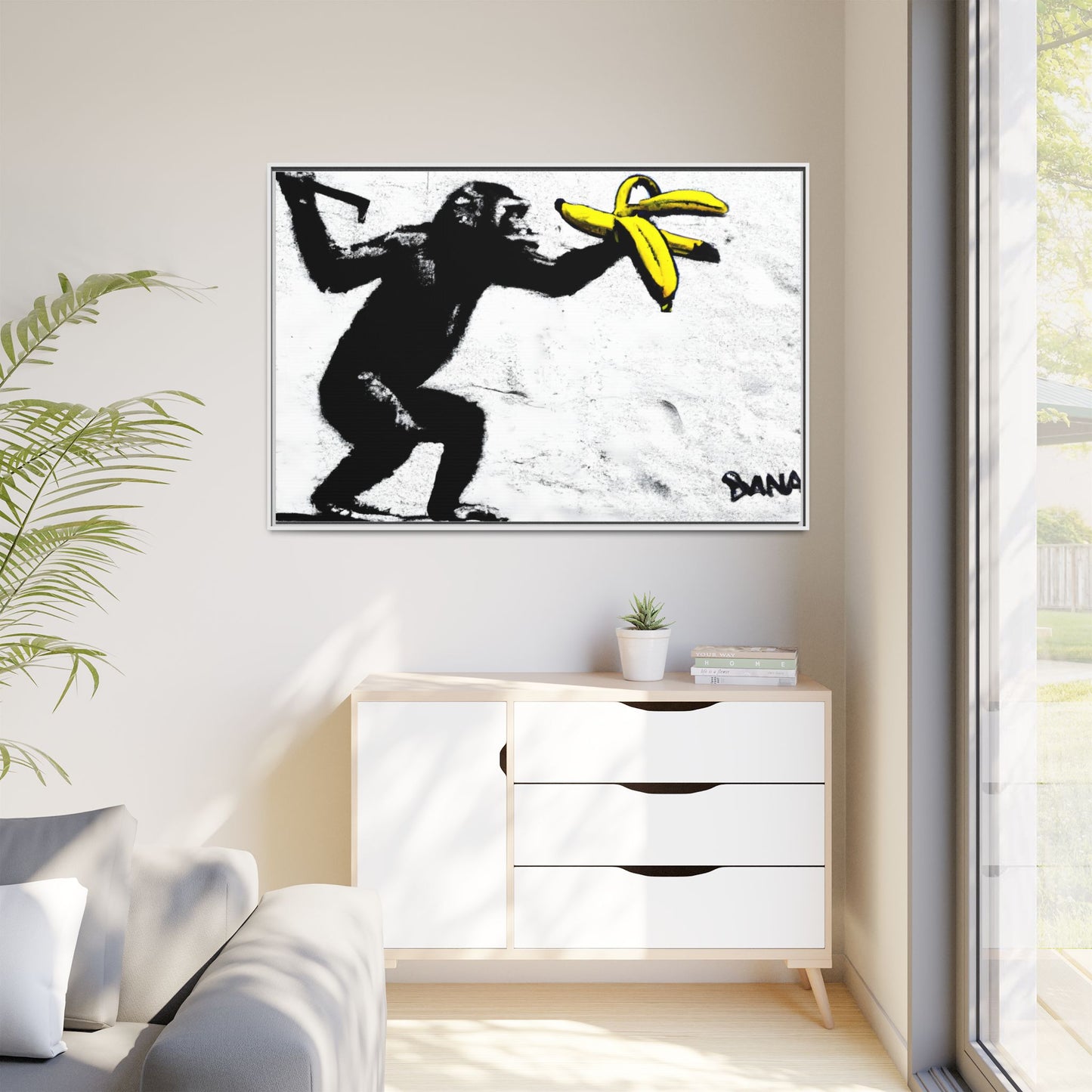 Framed Canvas Art - Playful Monkey with Bananas | Whimsical Wall Decor for Home & Office