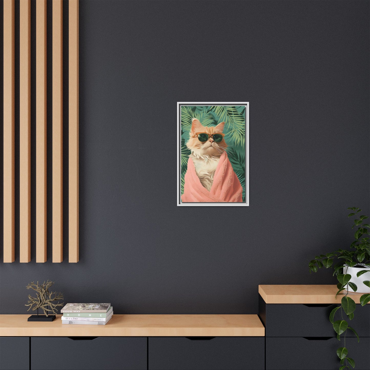 Framed Cat Art Print, Cool Cat Wall Decor, Tropical Vibe Home Decor, Fun Pet Lover Gift, Cute Animal Wall Art