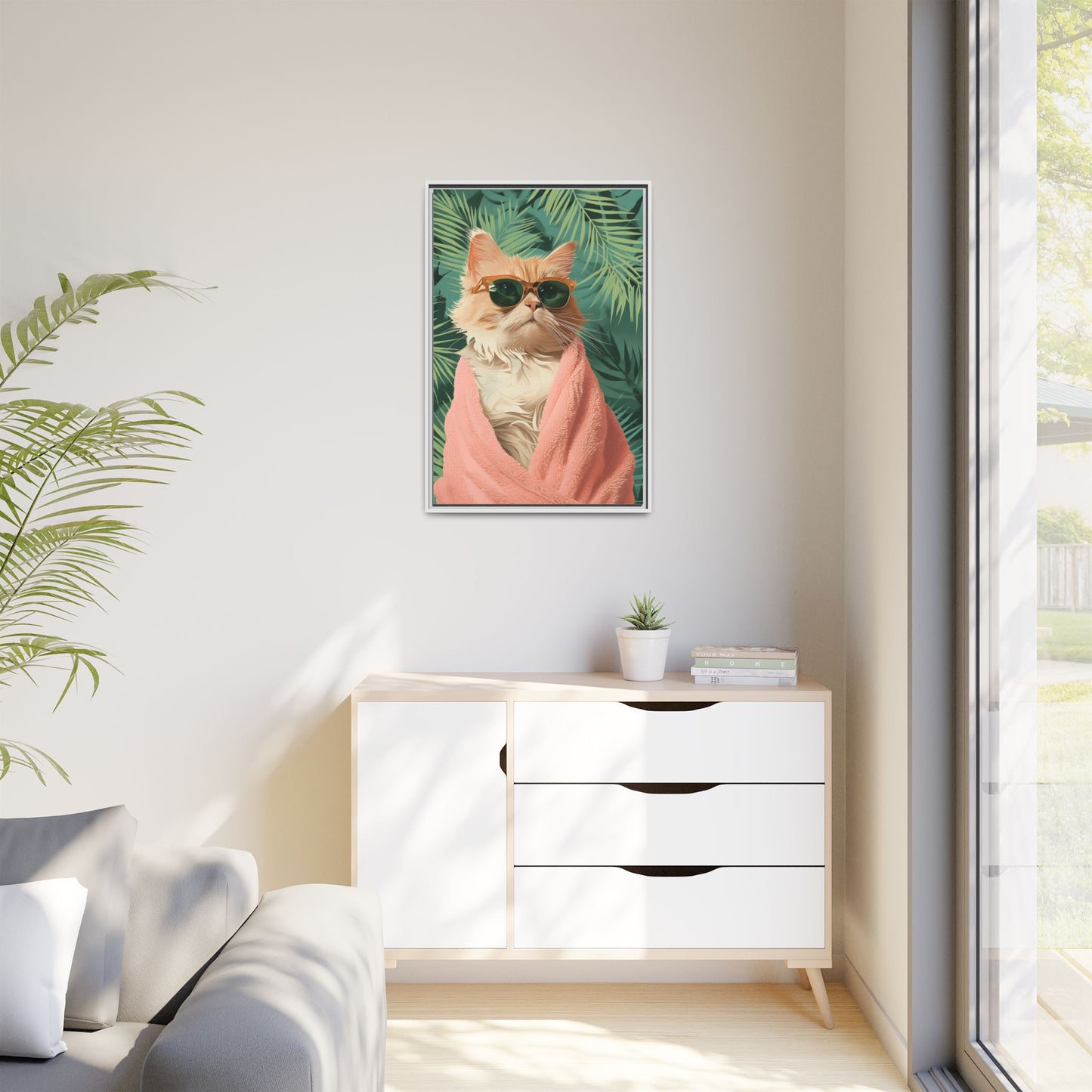 Framed Cat Art Print, Cool Cat Wall Decor, Tropical Vibe Home Decor, Fun Pet Lover Gift, Cute Animal Wall Art