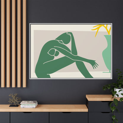 Framed Matte Canvas Art - Minimalist Woman with Green Vase, Boho Home Decor, Stylish Wall Art, Modern Aesthetic, Unique Gift Idea