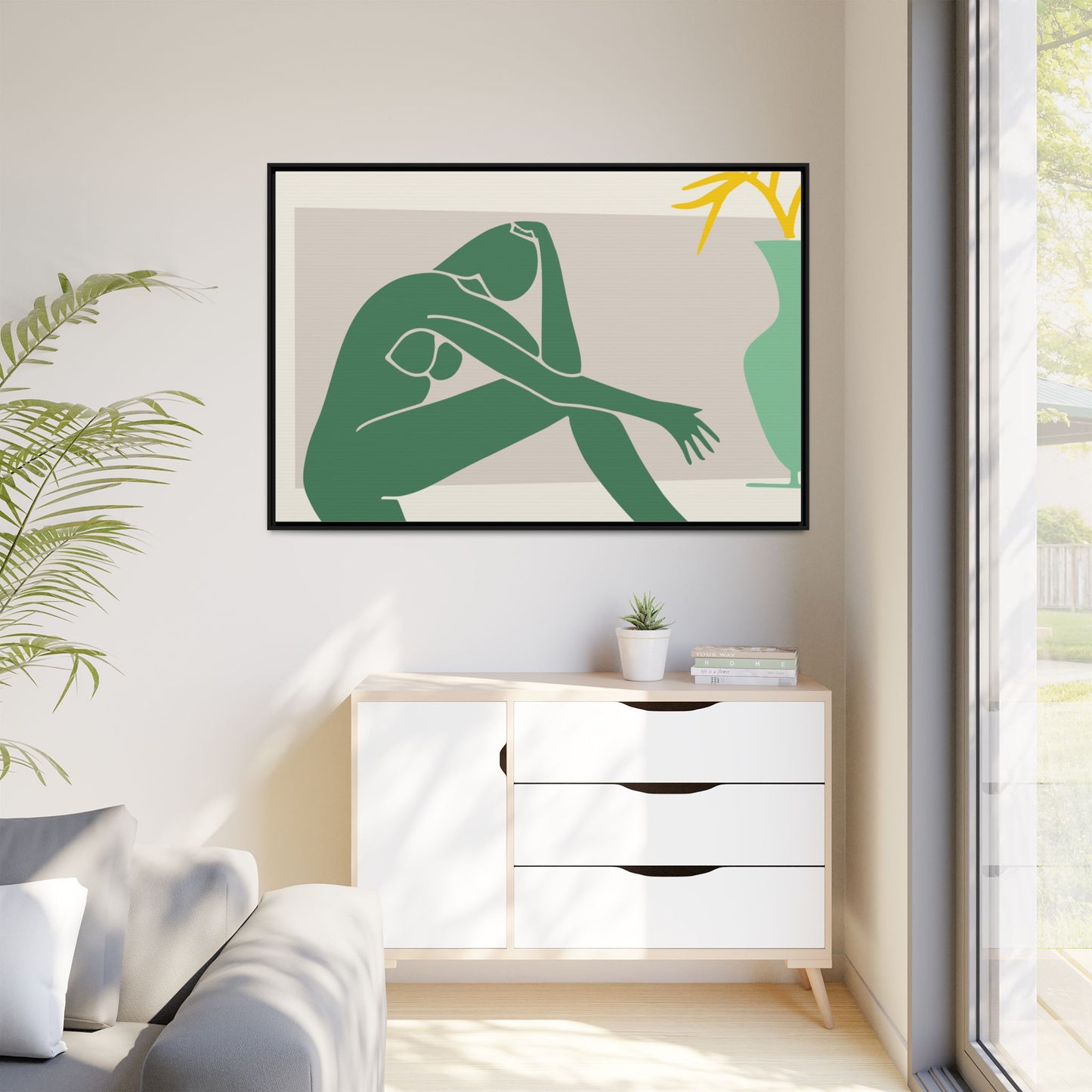 Framed Matte Canvas Art - Minimalist Woman with Green Vase, Boho Home Decor, Stylish Wall Art, Modern Aesthetic, Unique Gift Idea