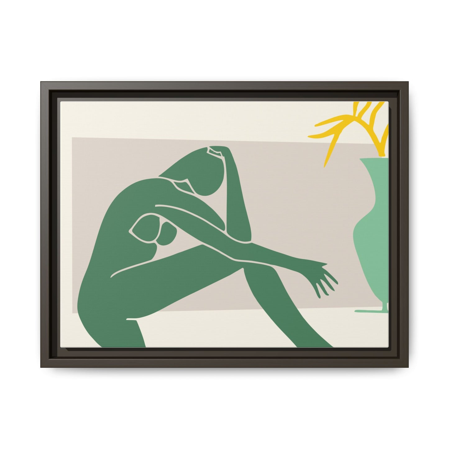 Framed Matte Canvas Art - Minimalist Woman with Green Vase, Boho Home Decor, Stylish Wall Art, Modern Aesthetic, Unique Gift Idea