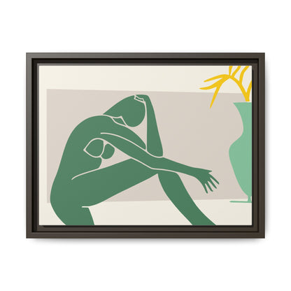 Framed Matte Canvas Art - Minimalist Woman with Green Vase, Boho Home Decor, Stylish Wall Art, Modern Aesthetic, Unique Gift Idea