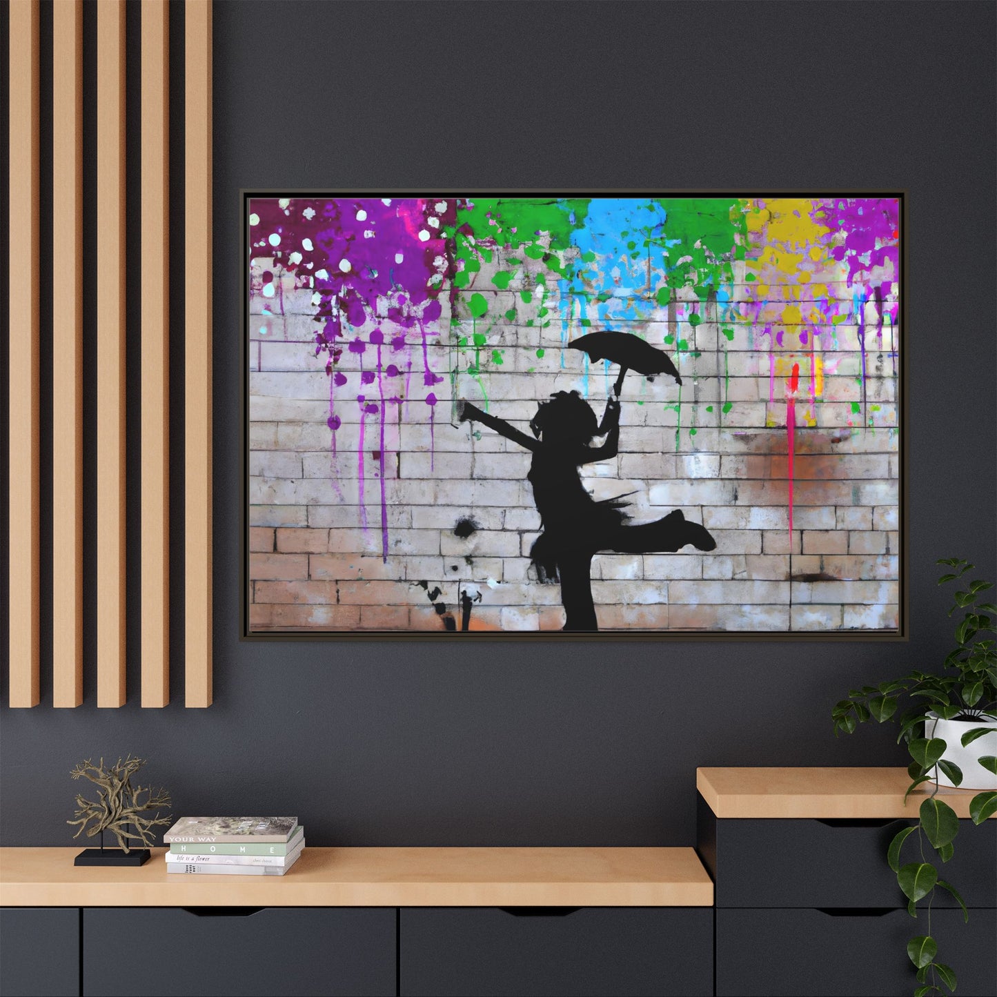 Framed Multi-Color Canvas Art - Playful Umbrella Dance
