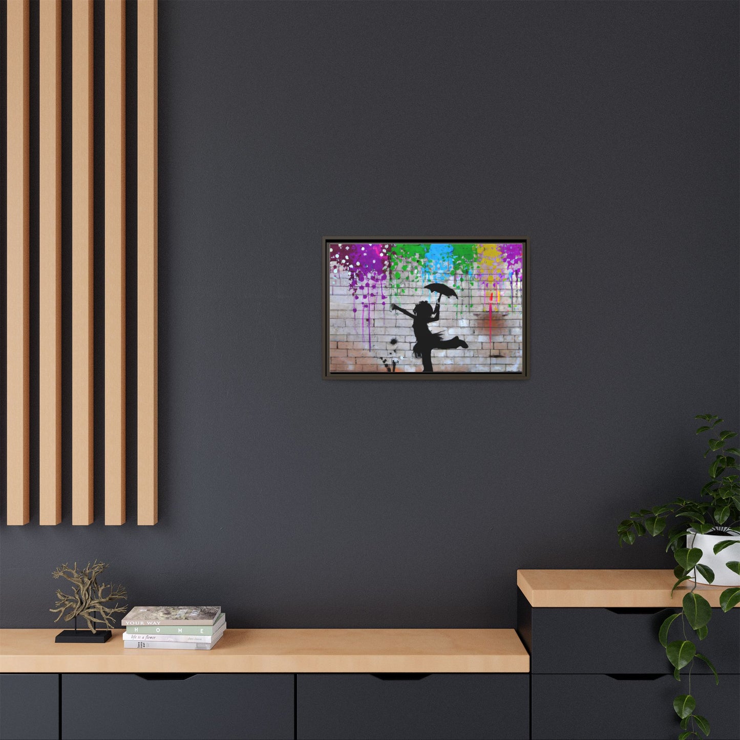 Framed Multi-Color Canvas Art - Playful Umbrella Dance