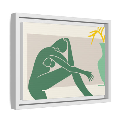 Framed Matte Canvas Art - Minimalist Woman with Green Vase, Boho Home Decor, Stylish Wall Art, Modern Aesthetic, Unique Gift Idea