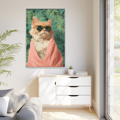 Framed Cat Art Print, Cool Cat Wall Decor, Tropical Vibe Home Decor, Fun Pet Lover Gift, Cute Animal Wall Art
