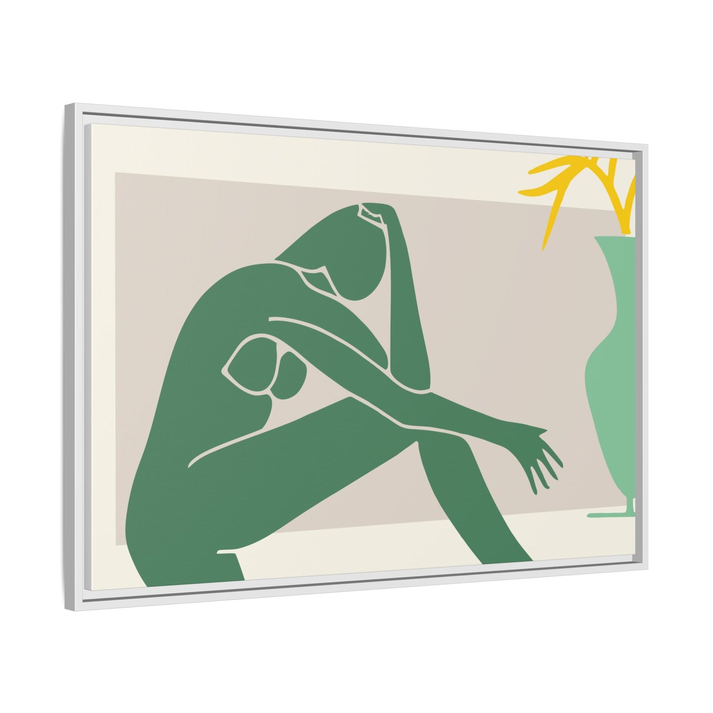 Framed Matte Canvas Art - Minimalist Woman with Green Vase, Boho Home Decor, Stylish Wall Art, Modern Aesthetic, Unique Gift Idea