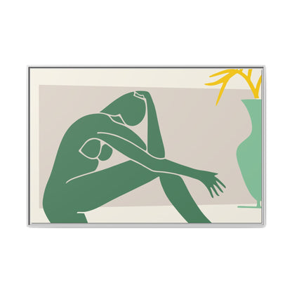 Framed Matte Canvas Art - Minimalist Woman with Green Vase, Boho Home Decor, Stylish Wall Art, Modern Aesthetic, Unique Gift Idea