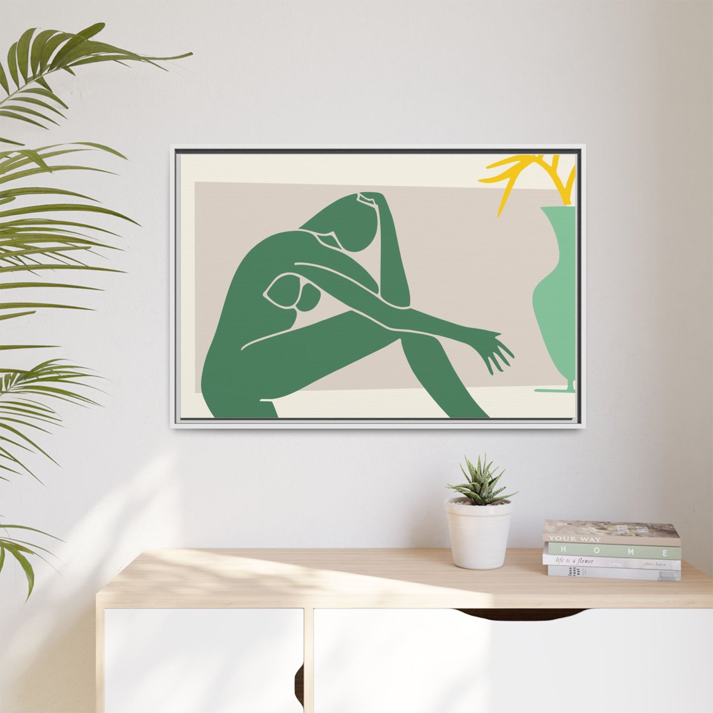 Framed Matte Canvas Art - Minimalist Woman with Green Vase, Boho Home Decor, Stylish Wall Art, Modern Aesthetic, Unique Gift Idea