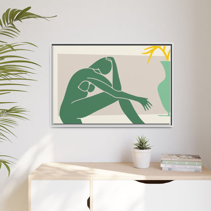 Framed Matte Canvas Art - Minimalist Woman with Green Vase, Boho Home Decor, Stylish Wall Art, Modern Aesthetic, Unique Gift Idea