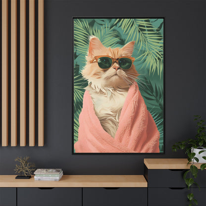 Framed Cat Art Print, Cool Cat Wall Decor, Tropical Vibe Home Decor, Fun Pet Lover Gift, Cute Animal Wall Art