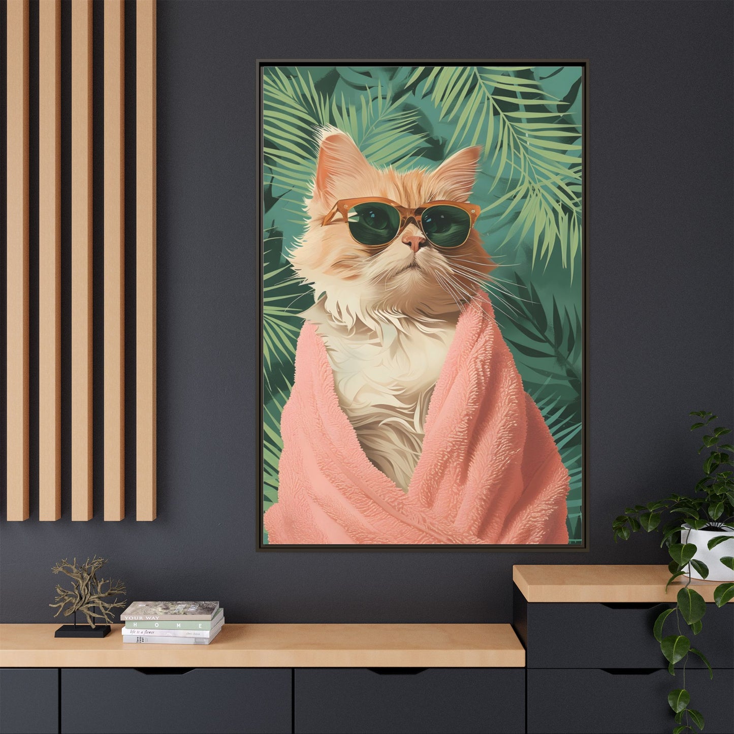 Framed Cat Art Print, Cool Cat Wall Decor, Tropical Vibe Home Decor, Fun Pet Lover Gift, Cute Animal Wall Art