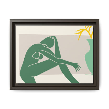 Framed Matte Canvas Art - Minimalist Woman with Green Vase, Boho Home Decor, Stylish Wall Art, Modern Aesthetic, Unique Gift Idea