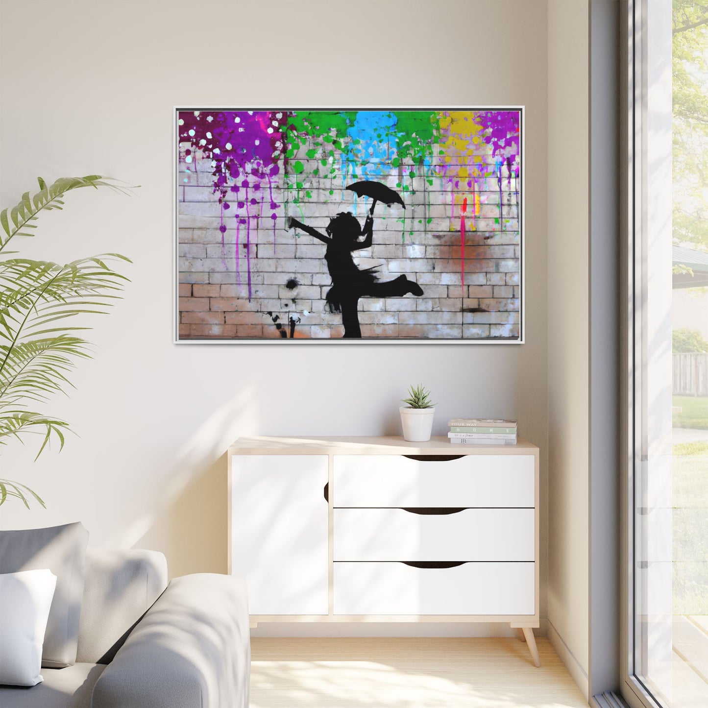 Framed Multi-Color Canvas Art - Playful Umbrella Dance