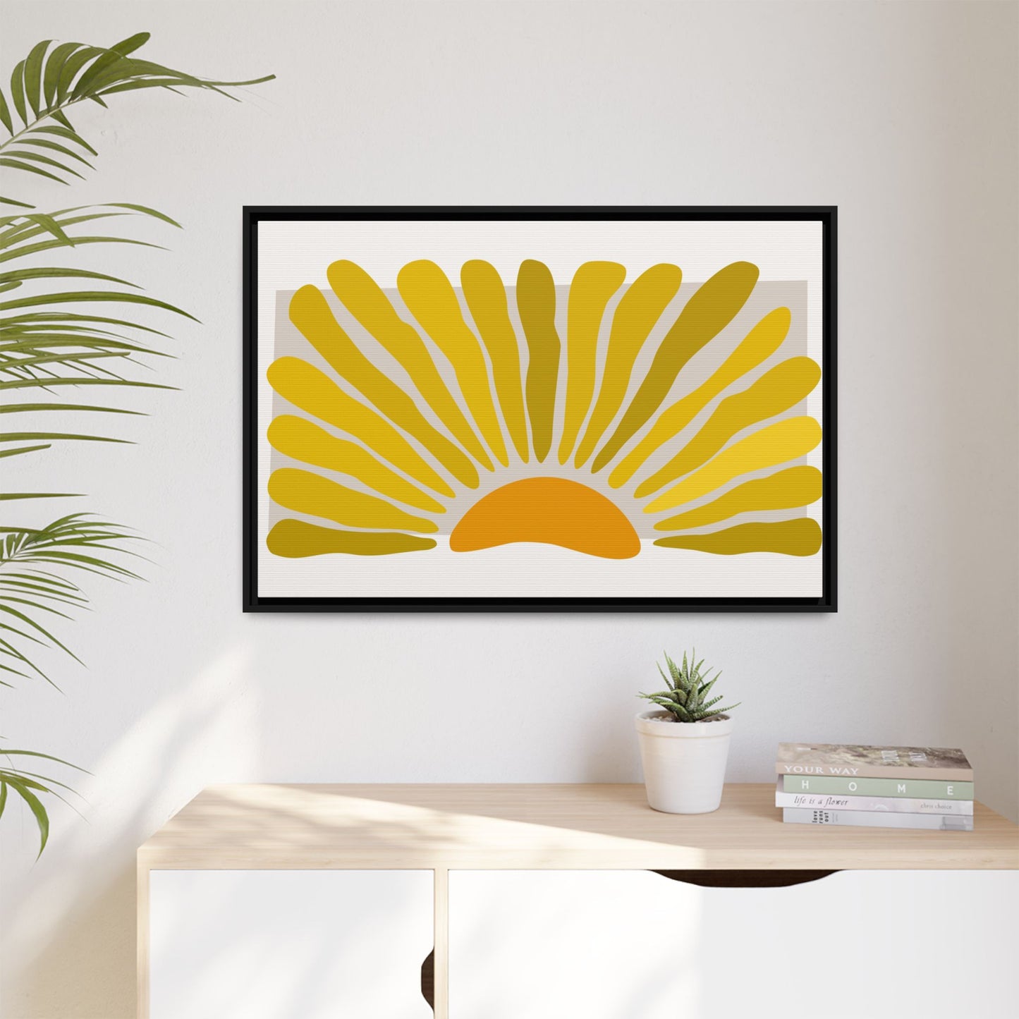 Framed Matte Canvas Wall Art, Sunny Abstract Print, Bright Home Decor, Gift for Art Lovers, Retro Style Decoration, Happy Wall Accent