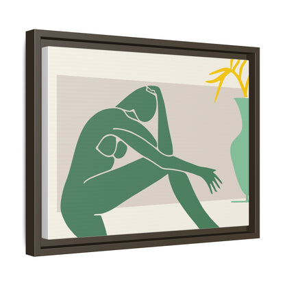 Framed Matte Canvas Art - Minimalist Woman with Green Vase, Boho Home Decor, Stylish Wall Art, Modern Aesthetic, Unique Gift Idea