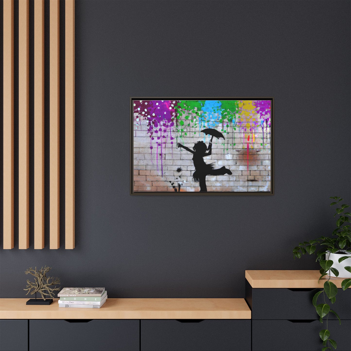 Framed Multi-Color Canvas Art - Playful Umbrella Dance