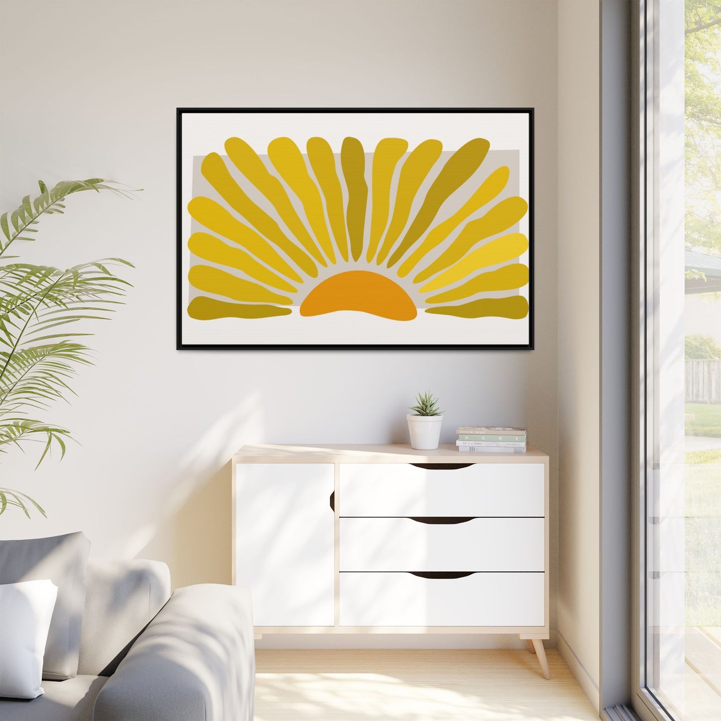 Framed Matte Canvas Wall Art, Sunny Abstract Print, Bright Home Decor, Gift for Art Lovers, Retro Style Decoration, Happy Wall Accent