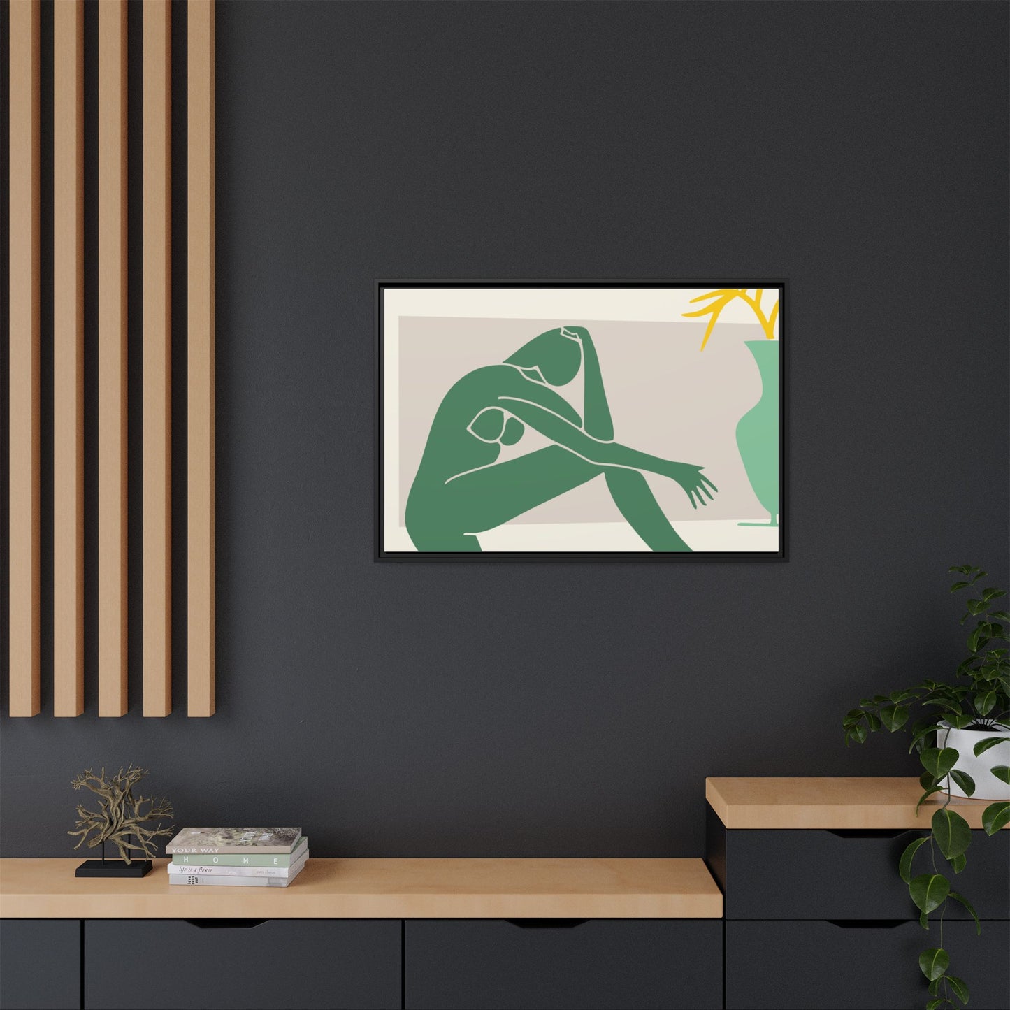 Framed Matte Canvas Art - Minimalist Woman with Green Vase, Boho Home Decor, Stylish Wall Art, Modern Aesthetic, Unique Gift Idea