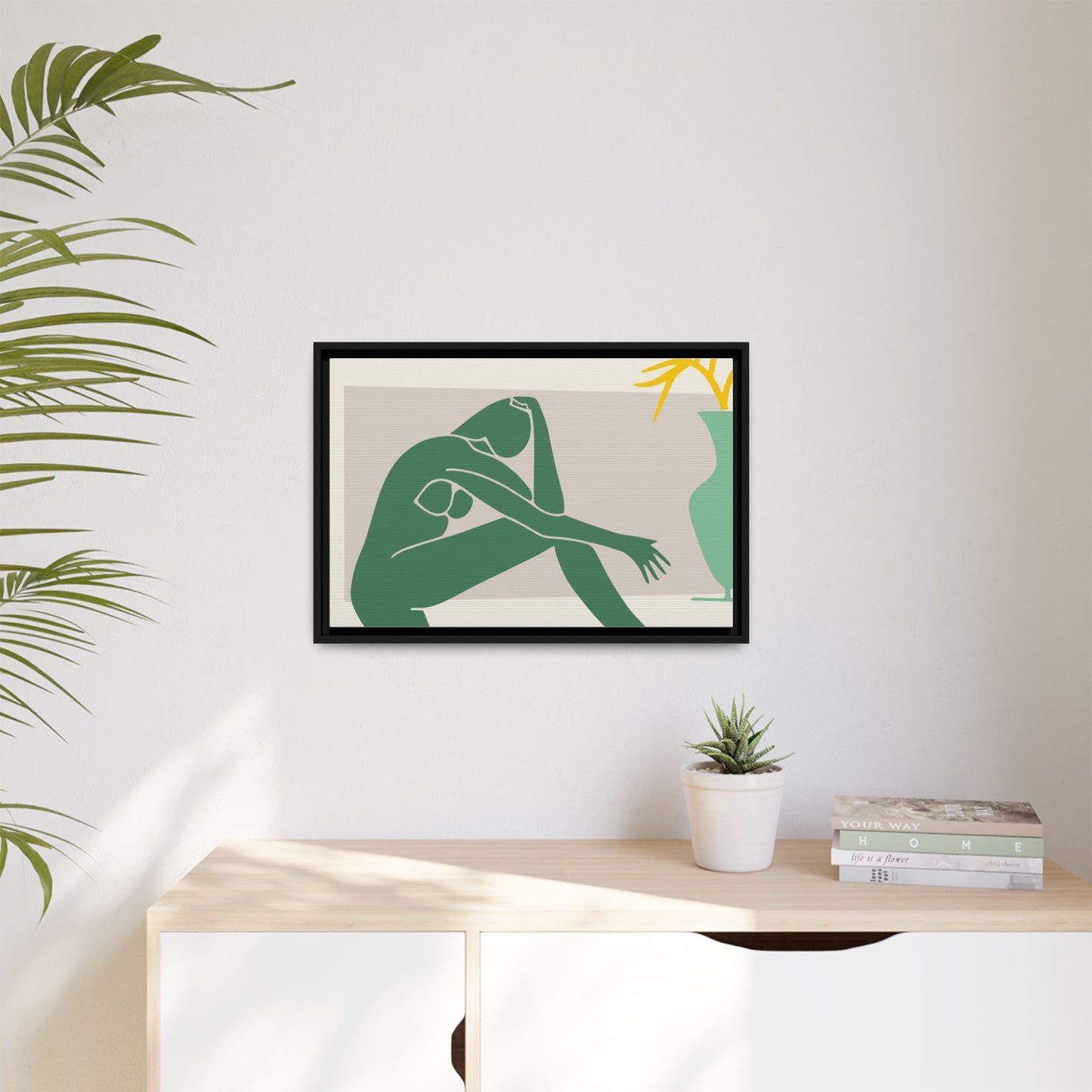 Framed Matte Canvas Art - Minimalist Woman with Green Vase, Boho Home Decor, Stylish Wall Art, Modern Aesthetic, Unique Gift Idea