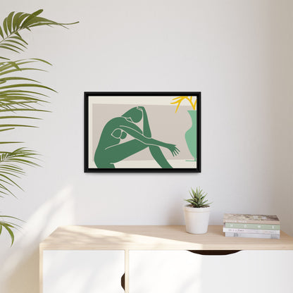 Framed Matte Canvas Art - Minimalist Woman with Green Vase, Boho Home Decor, Stylish Wall Art, Modern Aesthetic, Unique Gift Idea