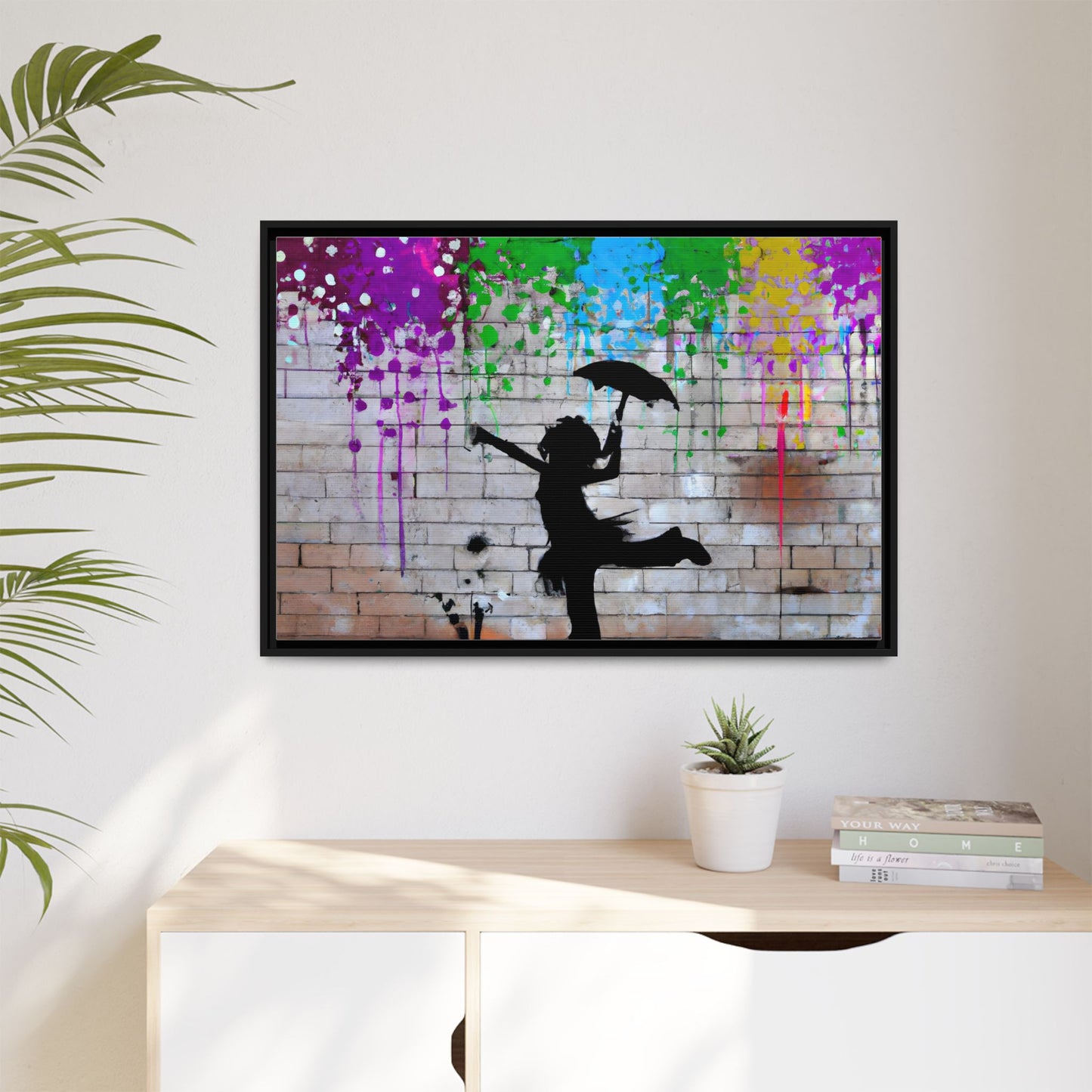 Framed Multi-Color Canvas Art - Playful Umbrella Dance