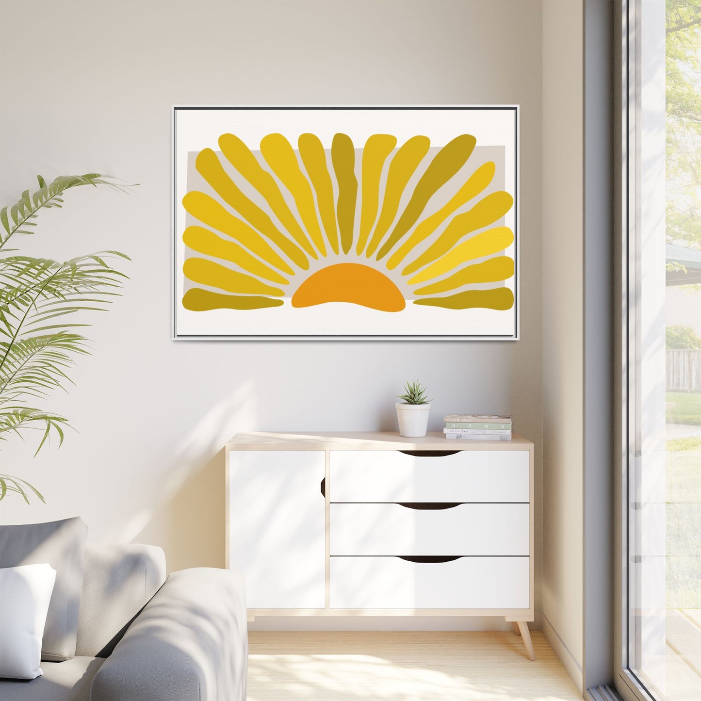 Framed Matte Canvas Wall Art, Sunny Abstract Print, Bright Home Decor, Gift for Art Lovers, Retro Style Decoration, Happy Wall Accent