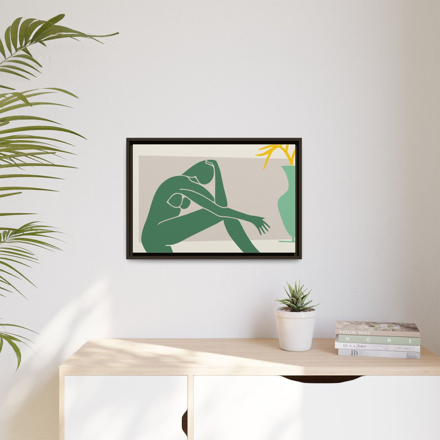 Framed Matte Canvas Art - Minimalist Woman with Green Vase, Boho Home Decor, Stylish Wall Art, Modern Aesthetic, Unique Gift Idea