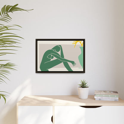 Framed Matte Canvas Art - Minimalist Woman with Green Vase, Boho Home Decor, Stylish Wall Art, Modern Aesthetic, Unique Gift Idea
