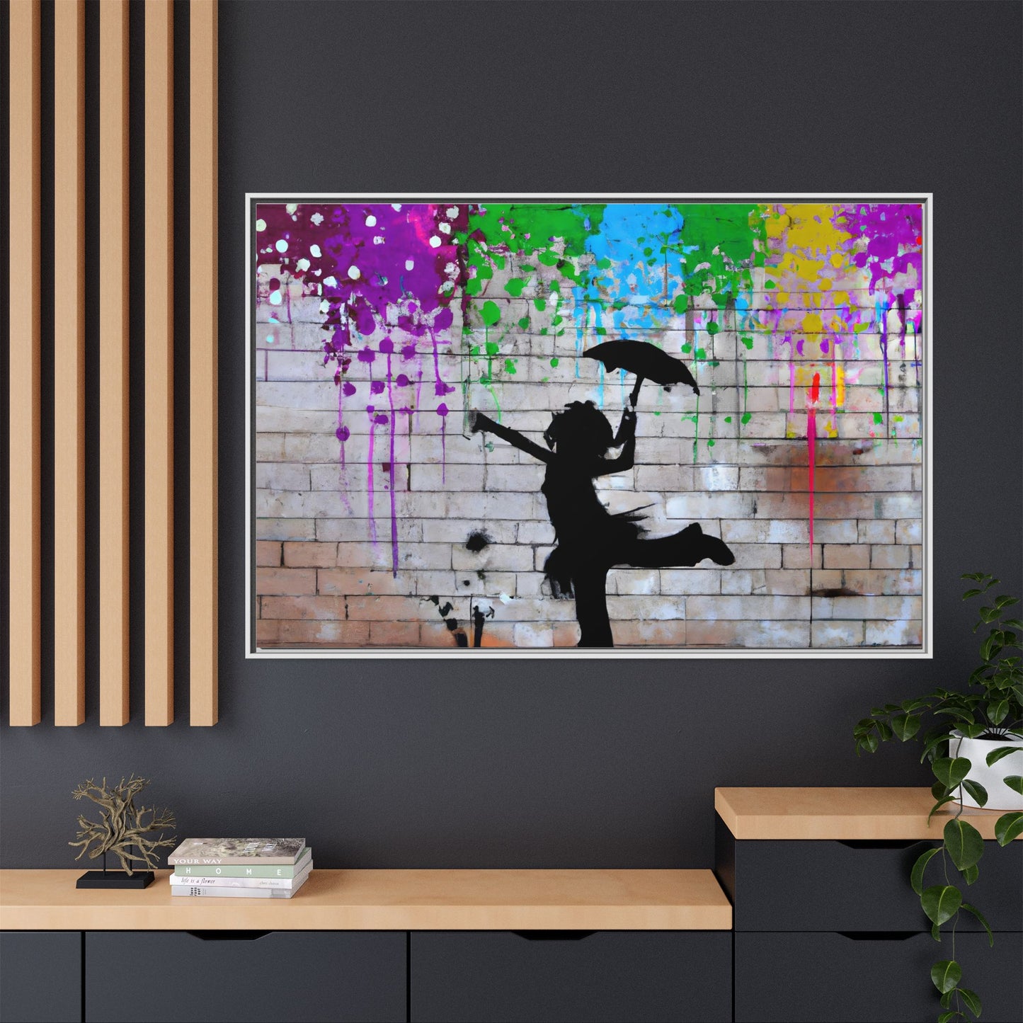 Framed Multi-Color Canvas Art - Playful Umbrella Dance