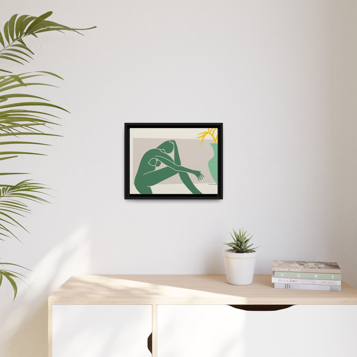 Framed Matte Canvas Art - Minimalist Woman with Green Vase, Boho Home Decor, Stylish Wall Art, Modern Aesthetic, Unique Gift Idea