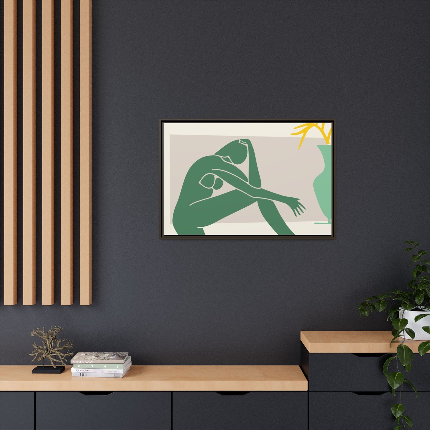 Framed Matte Canvas Art - Minimalist Woman with Green Vase, Boho Home Decor, Stylish Wall Art, Modern Aesthetic, Unique Gift Idea