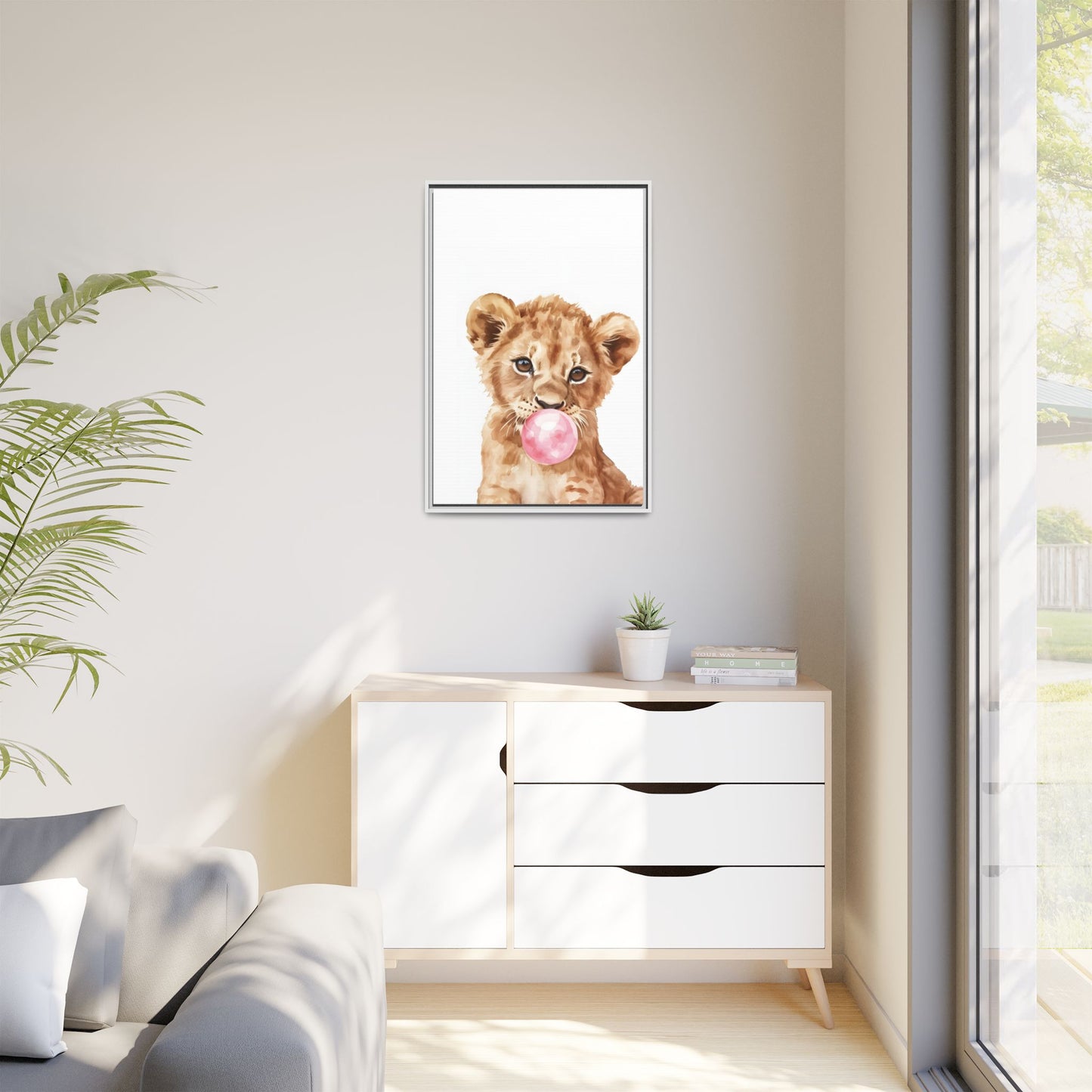 Adorable Lion Cub Canvas Art, Cute Nursery Decor, Framed Wall Art, Baby Shower Gift, Kids Room Decoration, Wild Animal Print