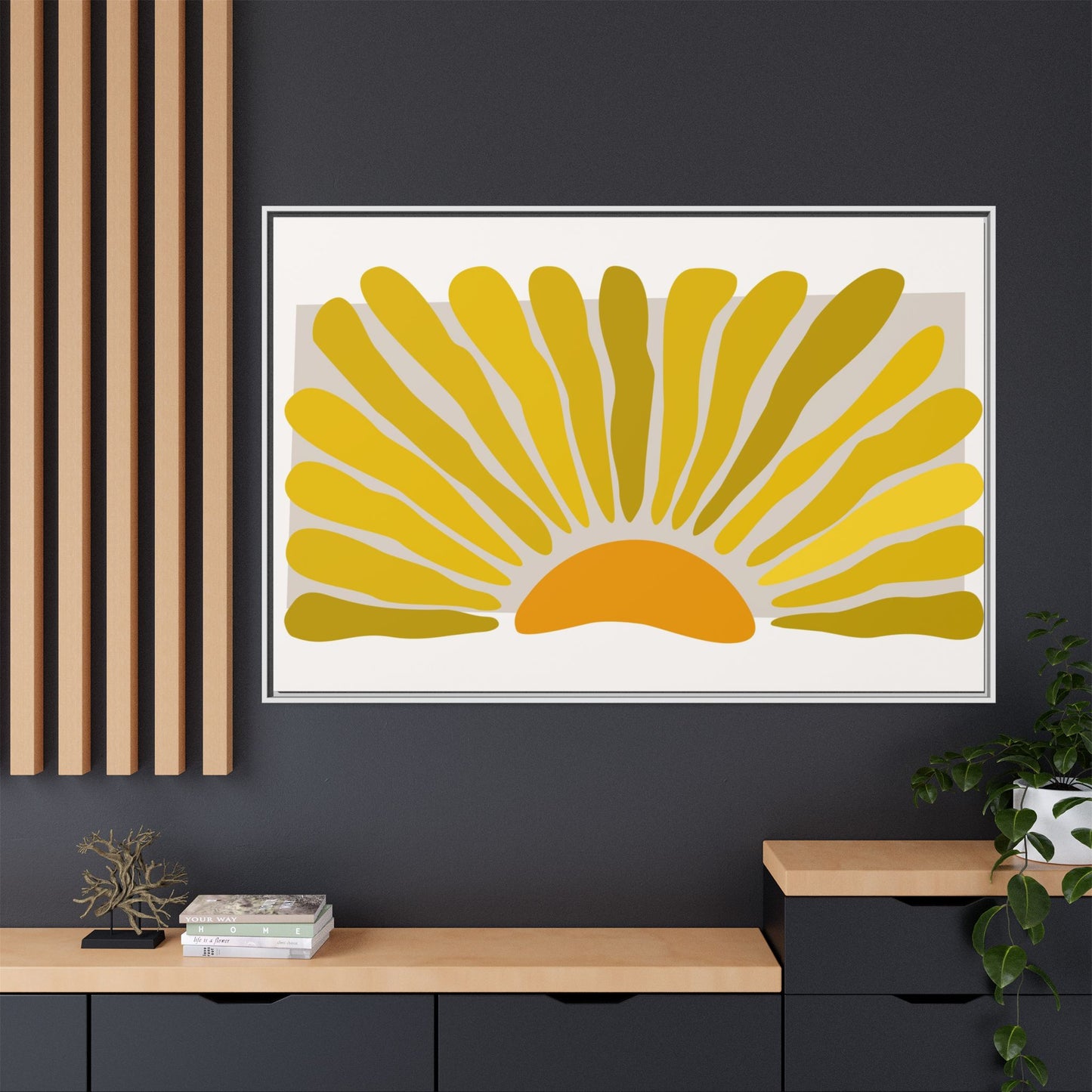 Framed Matte Canvas Wall Art, Sunny Abstract Print, Bright Home Decor, Gift for Art Lovers, Retro Style Decoration, Happy Wall Accent