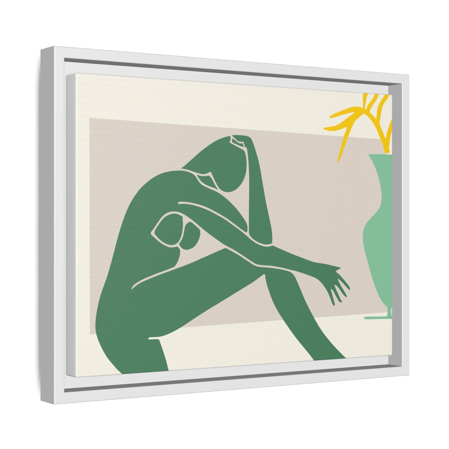 Framed Matte Canvas Art - Minimalist Woman with Green Vase, Boho Home Decor, Stylish Wall Art, Modern Aesthetic, Unique Gift Idea