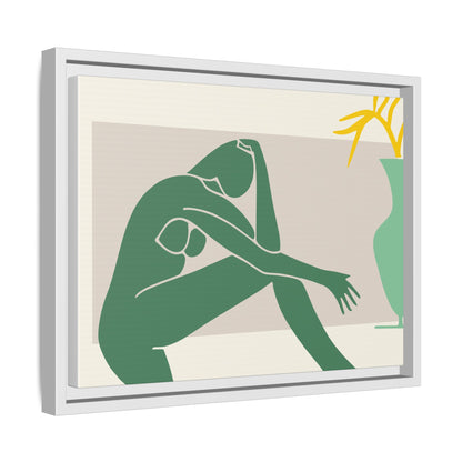 Framed Matte Canvas Art - Minimalist Woman with Green Vase, Boho Home Decor, Stylish Wall Art, Modern Aesthetic, Unique Gift Idea