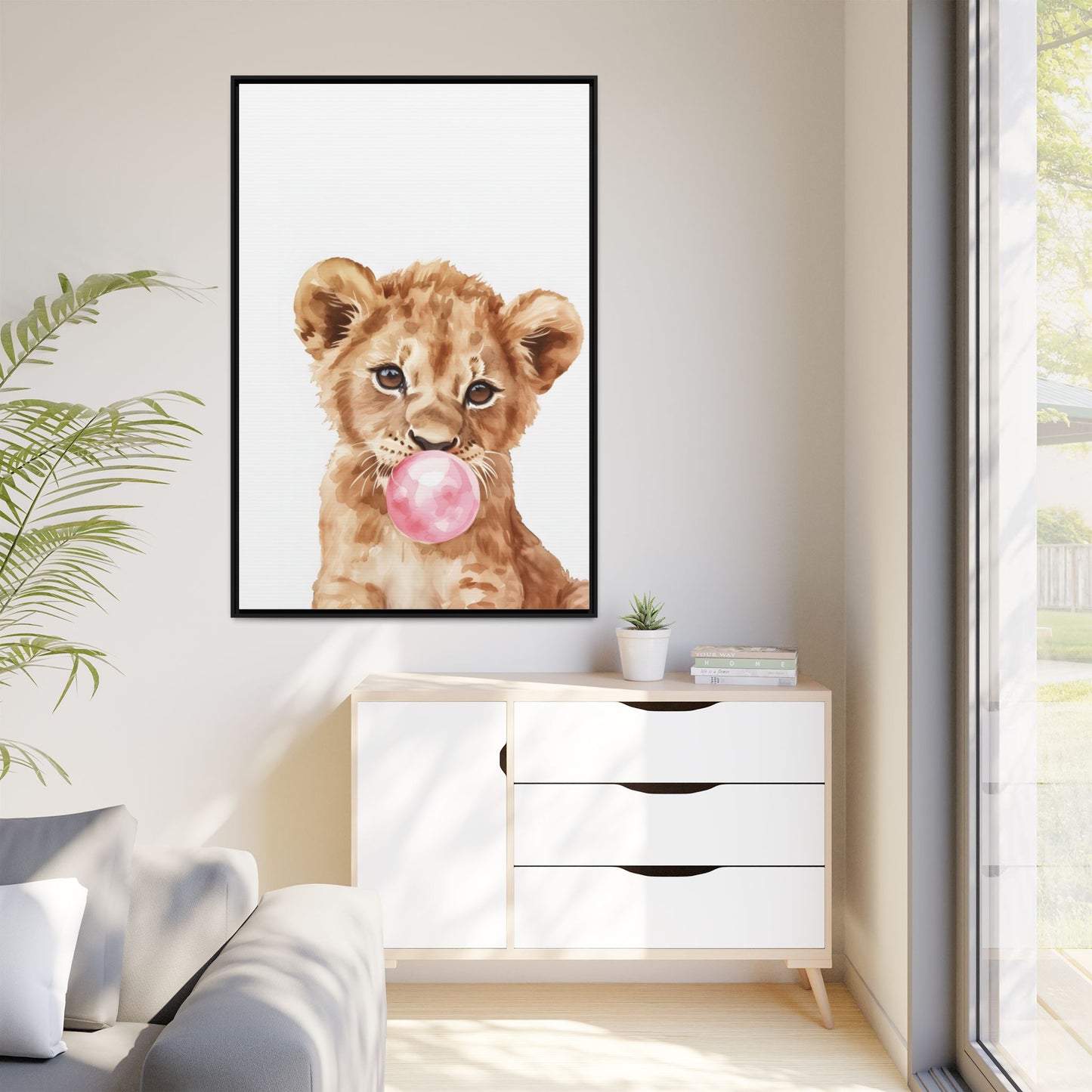 Adorable Lion Cub Canvas Art, Cute Nursery Decor, Framed Wall Art, Baby Shower Gift, Kids Room Decoration, Wild Animal Print