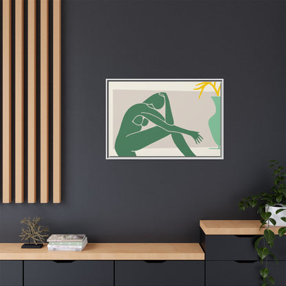 Framed Matte Canvas Art - Minimalist Woman with Green Vase, Boho Home Decor, Stylish Wall Art, Modern Aesthetic, Unique Gift Idea