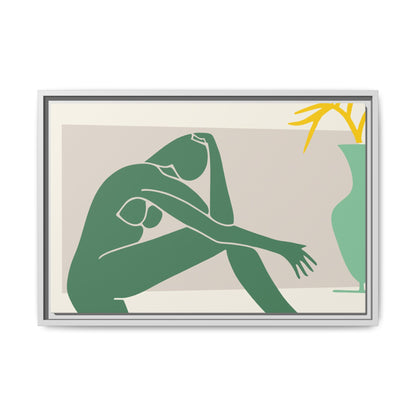 Framed Matte Canvas Art - Minimalist Woman with Green Vase, Boho Home Decor, Stylish Wall Art, Modern Aesthetic, Unique Gift Idea