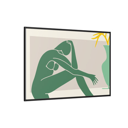 Framed Matte Canvas Art - Minimalist Woman with Green Vase, Boho Home Decor, Stylish Wall Art, Modern Aesthetic, Unique Gift Idea