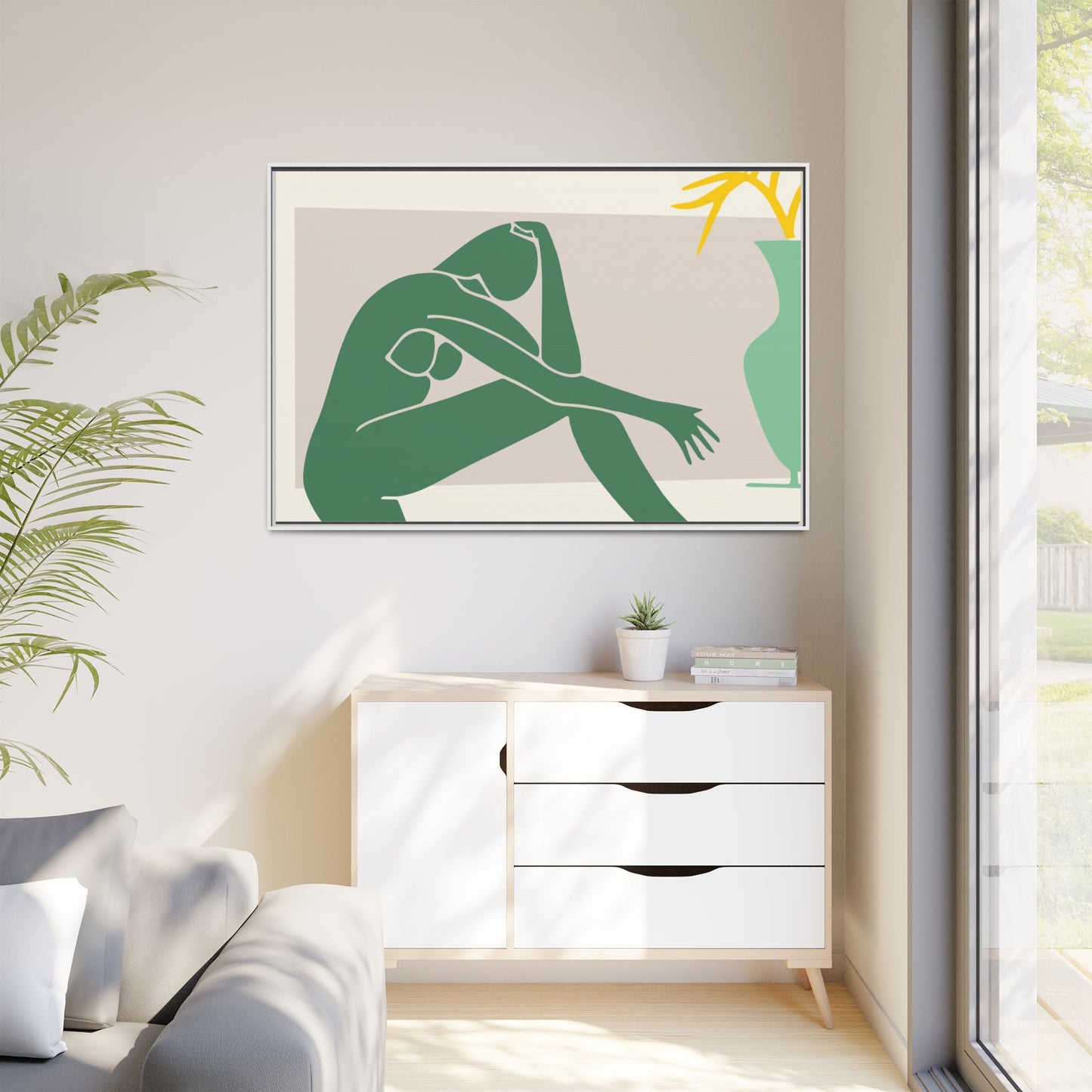 Framed Matte Canvas Art - Minimalist Woman with Green Vase, Boho Home Decor, Stylish Wall Art, Modern Aesthetic, Unique Gift Idea