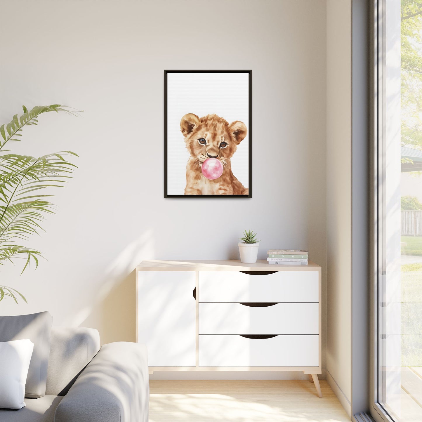 Adorable Lion Cub Canvas Art, Cute Nursery Decor, Framed Wall Art, Baby Shower Gift, Kids Room Decoration, Wild Animal Print