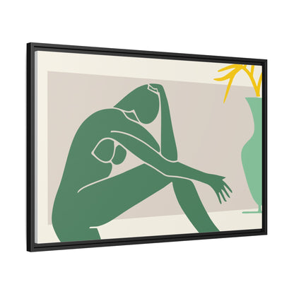 Framed Matte Canvas Art - Minimalist Woman with Green Vase, Boho Home Decor, Stylish Wall Art, Modern Aesthetic, Unique Gift Idea