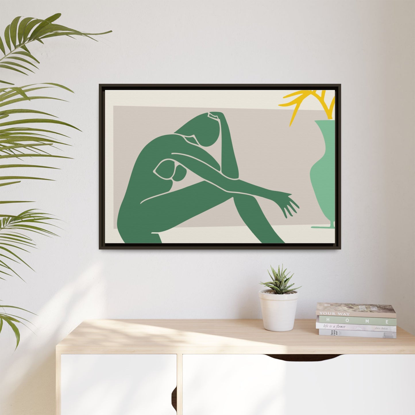 Framed Matte Canvas Art - Minimalist Woman with Green Vase, Boho Home Decor, Stylish Wall Art, Modern Aesthetic, Unique Gift Idea