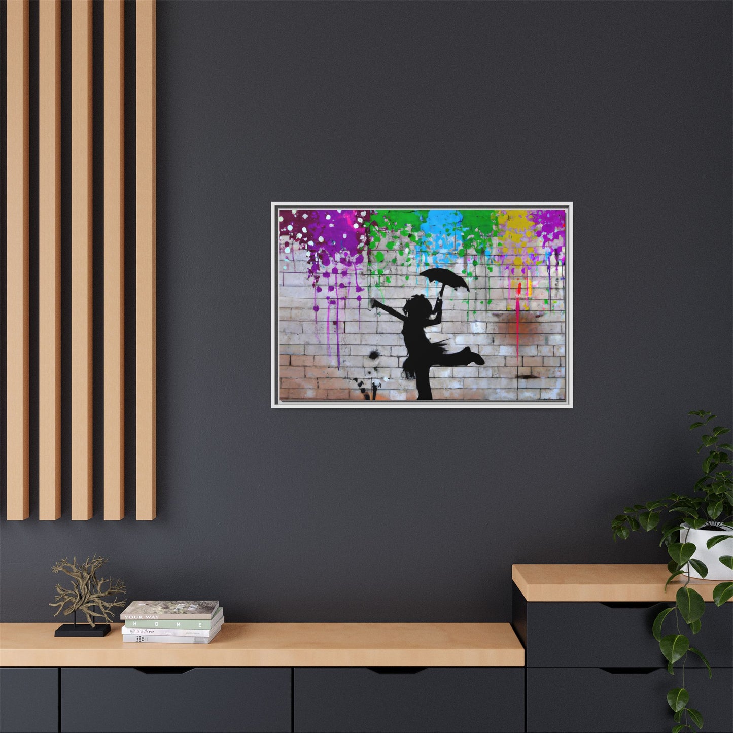 Framed Multi-Color Canvas Art - Playful Umbrella Dance