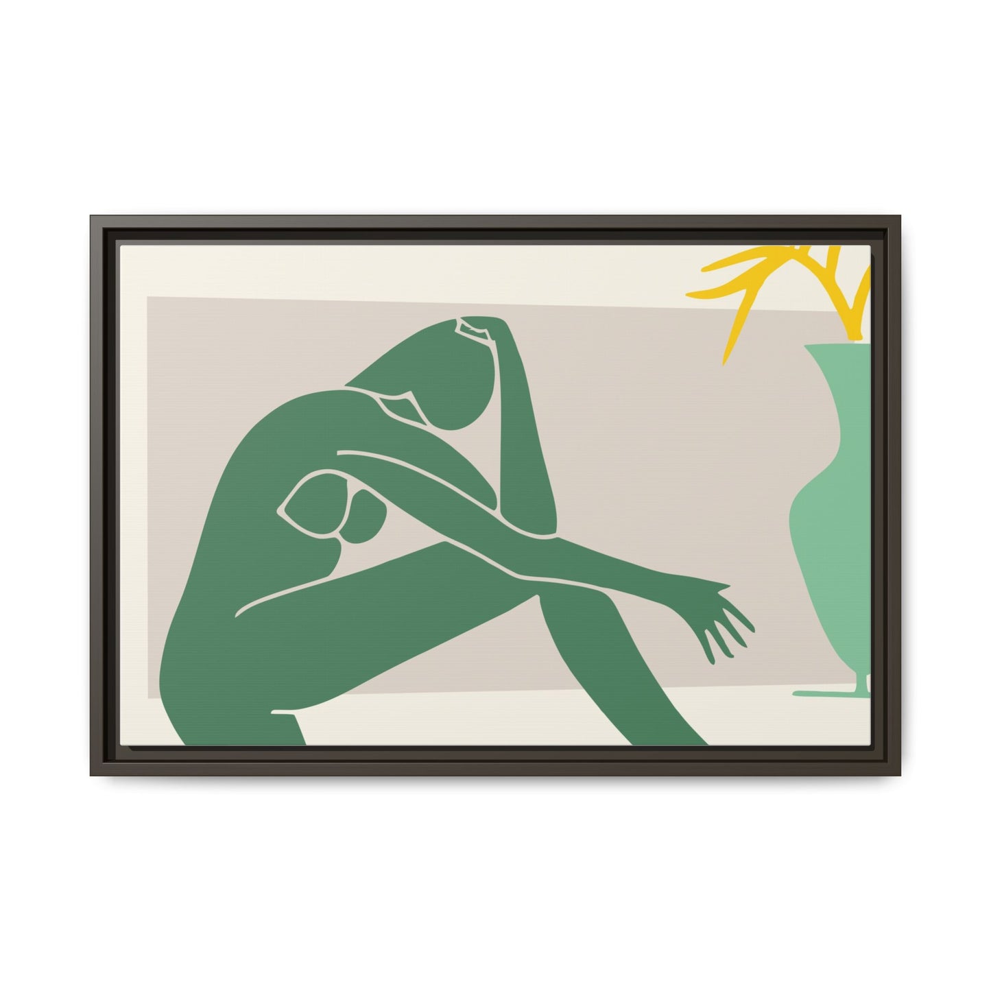Framed Matte Canvas Art - Minimalist Woman with Green Vase, Boho Home Decor, Stylish Wall Art, Modern Aesthetic, Unique Gift Idea
