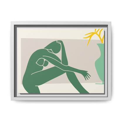 Framed Matte Canvas Art - Minimalist Woman with Green Vase, Boho Home Decor, Stylish Wall Art, Modern Aesthetic, Unique Gift Idea