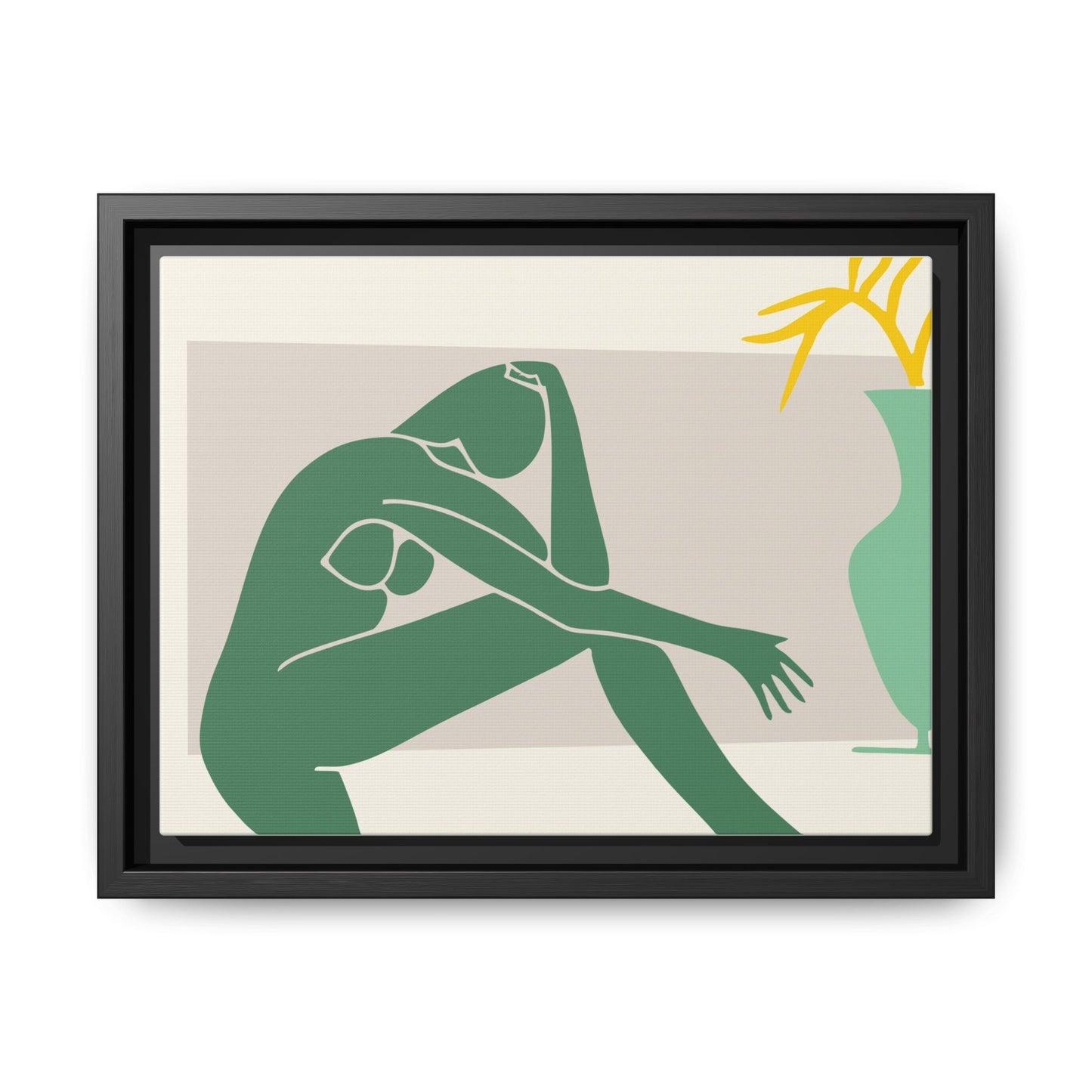 Framed Matte Canvas Art - Minimalist Woman with Green Vase, Boho Home Decor, Stylish Wall Art, Modern Aesthetic, Unique Gift Idea