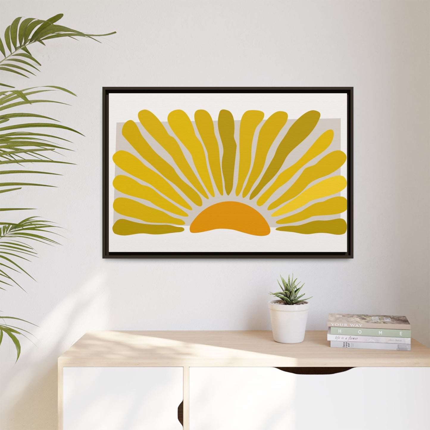 Framed Matte Canvas Wall Art, Sunny Abstract Print, Bright Home Decor, Gift for Art Lovers, Retro Style Decoration, Happy Wall Accent